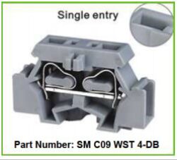 Svorkovnice SM C09 WS 4-DB - Schmid-M: Svorkovnice pro DIN pružinu SM C09 WS 4-DB; Rozměr 33,5 / 7 / 23mm; Napětí 300V; Proud 20A; Velikost drátu 0,2-4,0mm2